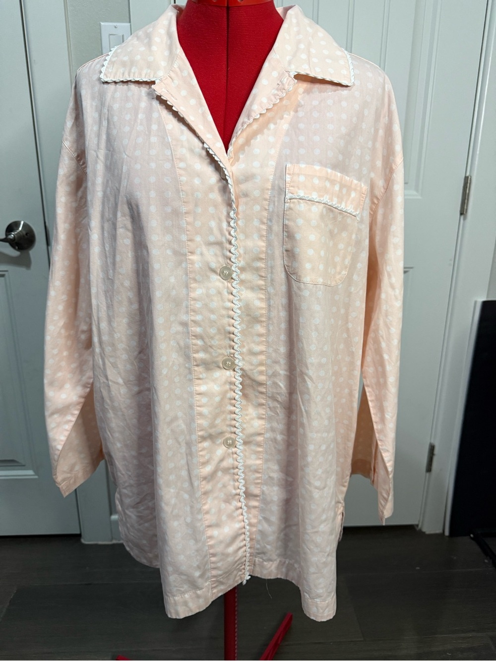 Sleep Sense Women Light Pink Polka Dot Button-Front Pajama Shirt Dress/ Top Sz M